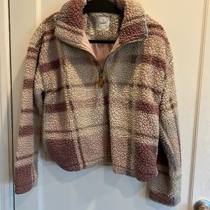 Thread and Supply size small Sherpa plaid jacket. Tan, purple, and grey